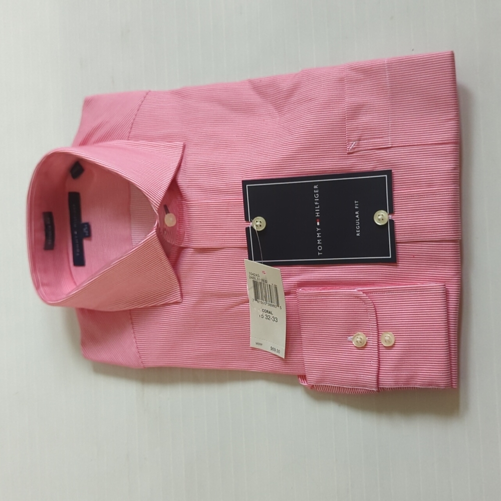 Tommy Hilfiger Men's Long Sleeve Shirt Coral pink White Striped Size 15 32-33